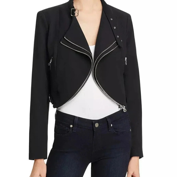 Zara x Lea & Viola | Black Biker Moto Cropped Double Zip Crepe Jacket – Size 2 - Picture 2 of 4